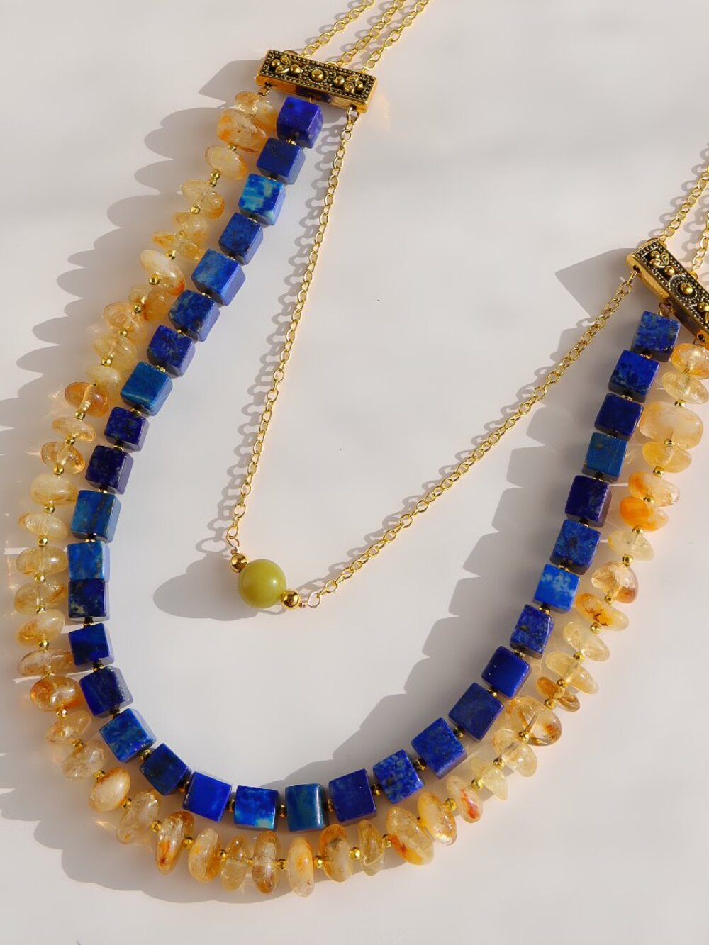 Lapis, Citrine & Olive Jade Statement Necklace - Picture 4 of 6